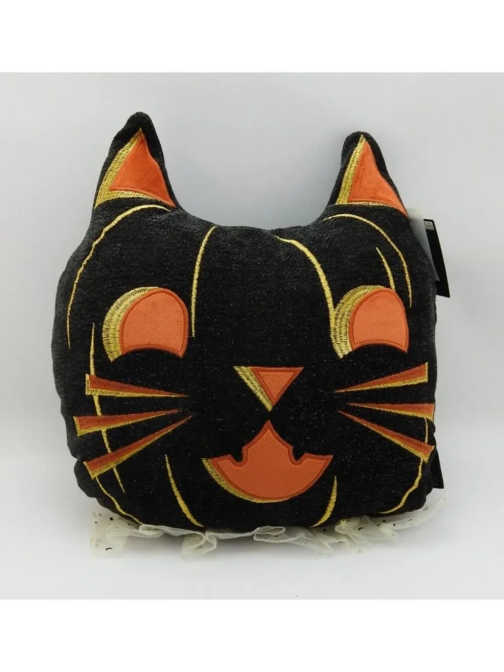 Halloween Black Cat Pumpkin Decorative Pillow Orange Gold Tulle 16